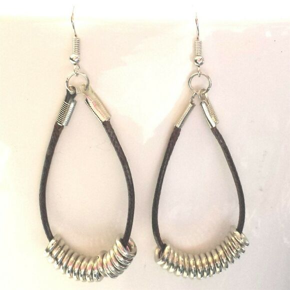 Handmade Dark Brown Long Polyester Cord Silver Tone Rings Dangle Hoop Earrings - Picture 2 of 2